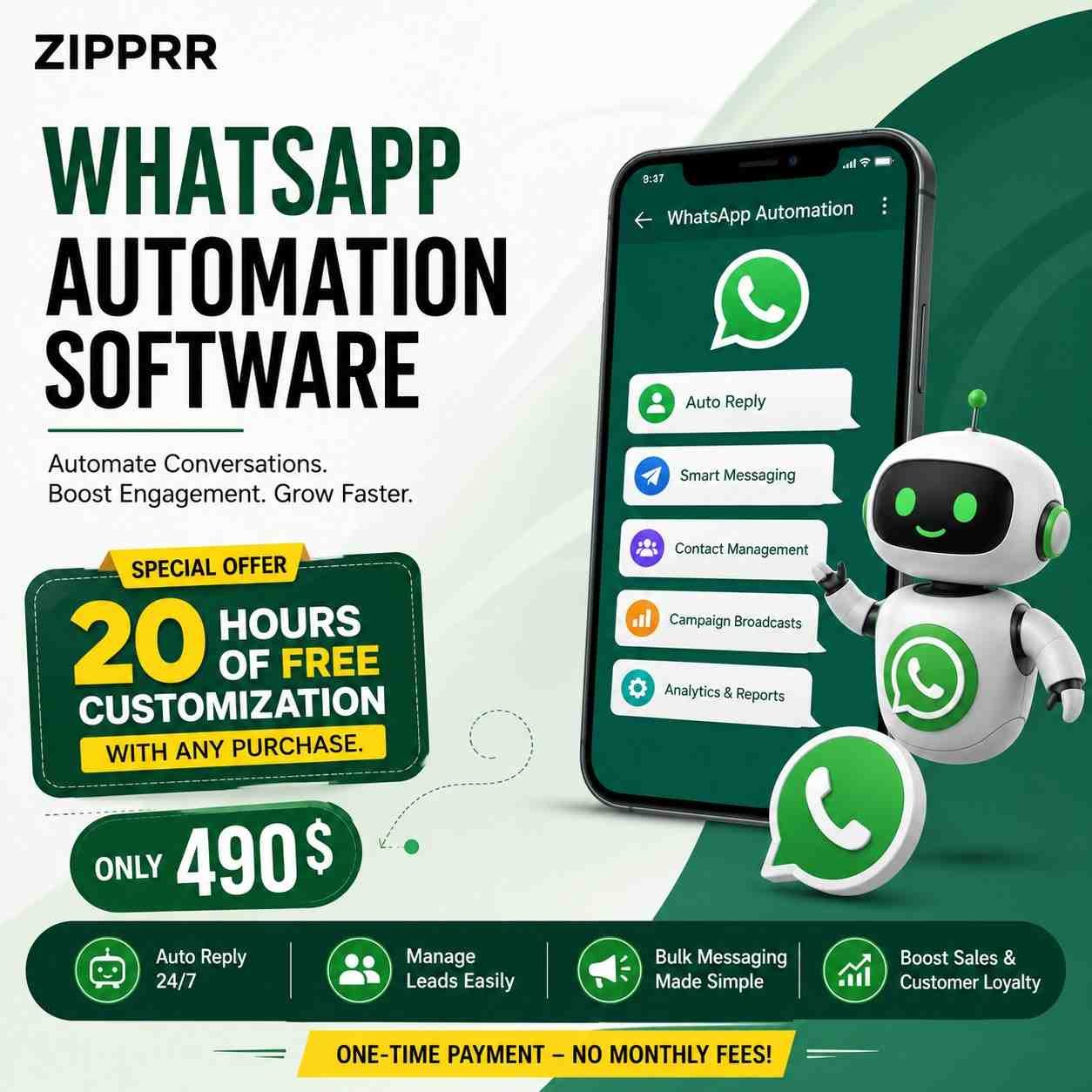 Zipprr WhatsApp Automation Software – Boost Repeat Sales, Priced at $490