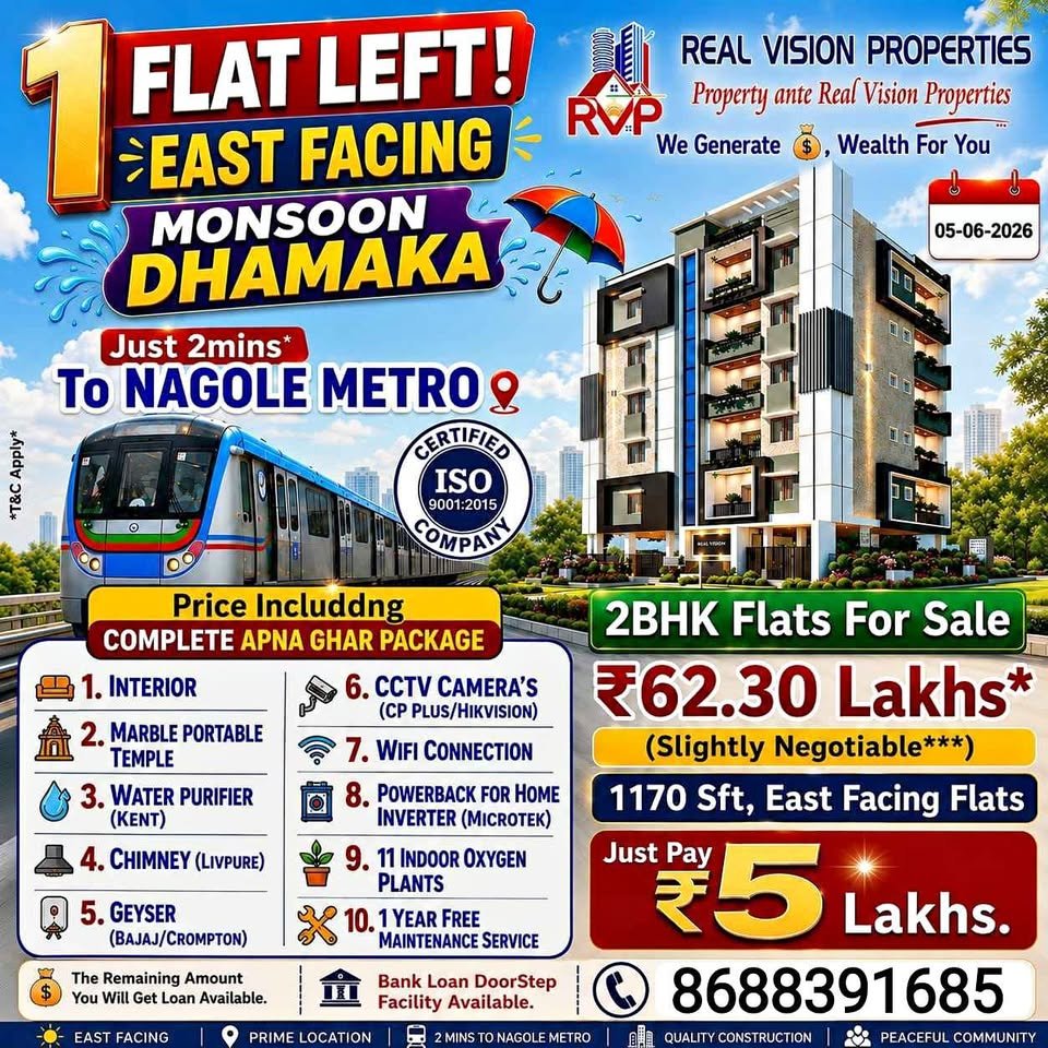 2BHK Flats for sale @ Kothapet, Hyderabad – Rs.62.3 Lacs