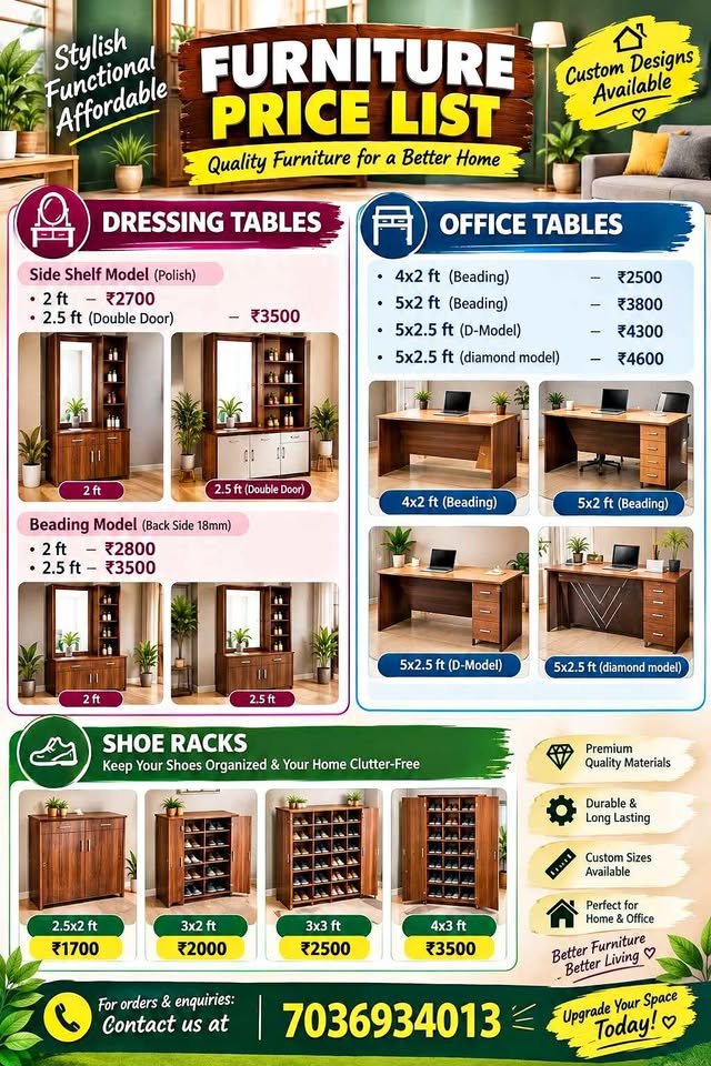 Furniture Price List – Dressing Tables, Office Tables, and Shoe Racks